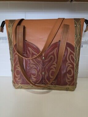 Western-Style Embossed Leather Tote in Burnt Orange and Burgundy